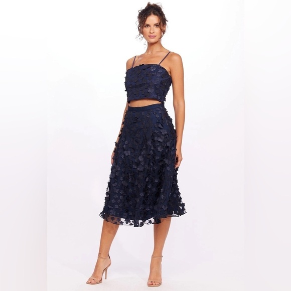 Anthropologie Dresses & Skirts - Eva Franco Mesh Top and Skirt Set Navy Petal Floral Cocktail Wedding Guest Sz 4